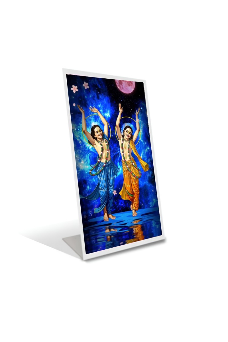 Car Desk/Table Top  Lord Chaitanya Mahaprabhu and Nityananda Prabhu Acrylic L-Style Photo Stand - 2.5x3.5 Inches, Compact and Stylish Spiritual Display