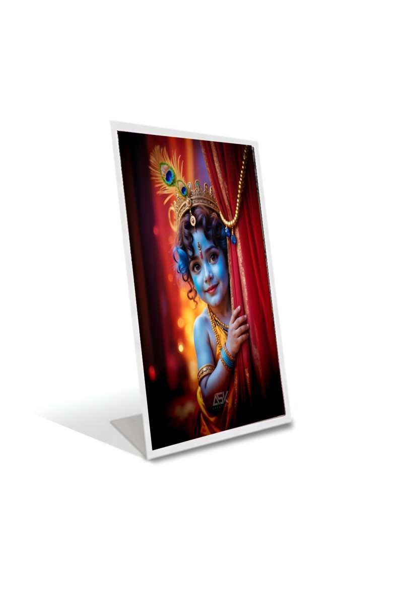 Car Desk/Table Top Divine Krishna Acrylic L-Style Photo Stand - 2.5x3.5 Inches, Compact and Stylish Spiritual Display