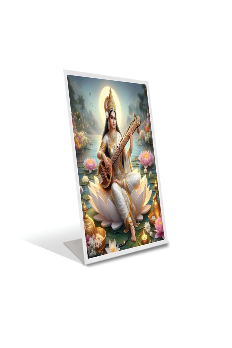 Car Desk/Table Top Maa Sraswati Acrylic L-Style Photo Stand - 2.5x3.5 Inches, Compact and Stylish Spiritual Display