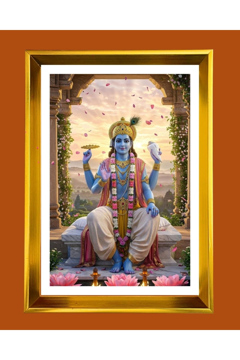 Lord  Vishnu Golden Photo Frame - 10x14 Inches | Elegant Wooden Frame for Home, Office & Temple Decoration | Spiritual Wall & Table Decor and Gift Item