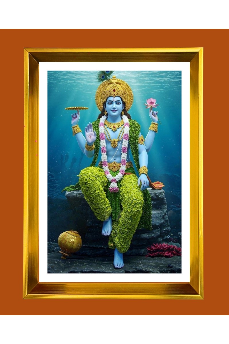 Lord vishnu Golden Photo Frame - 10x14 Inches | Elegant Wooden Frame for Home, Office & Temple Decoration | Spiritual Wall & Table Decor and Gift Item