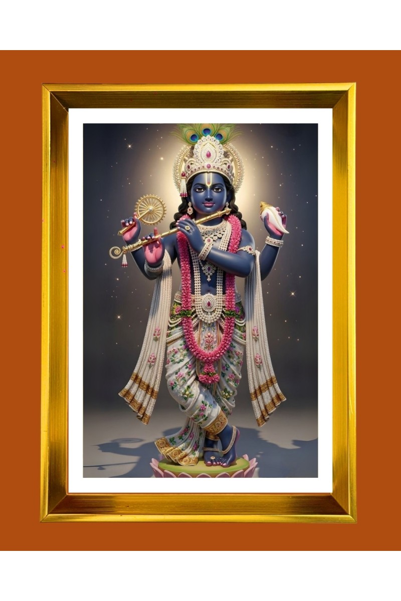 Divine Krishna Golden Photo Frame - 10x14 Inches | Elegant Wooden Frame for Home, Office & Temple Decoration | Spiritual Wall & Table Decor and Gift Item