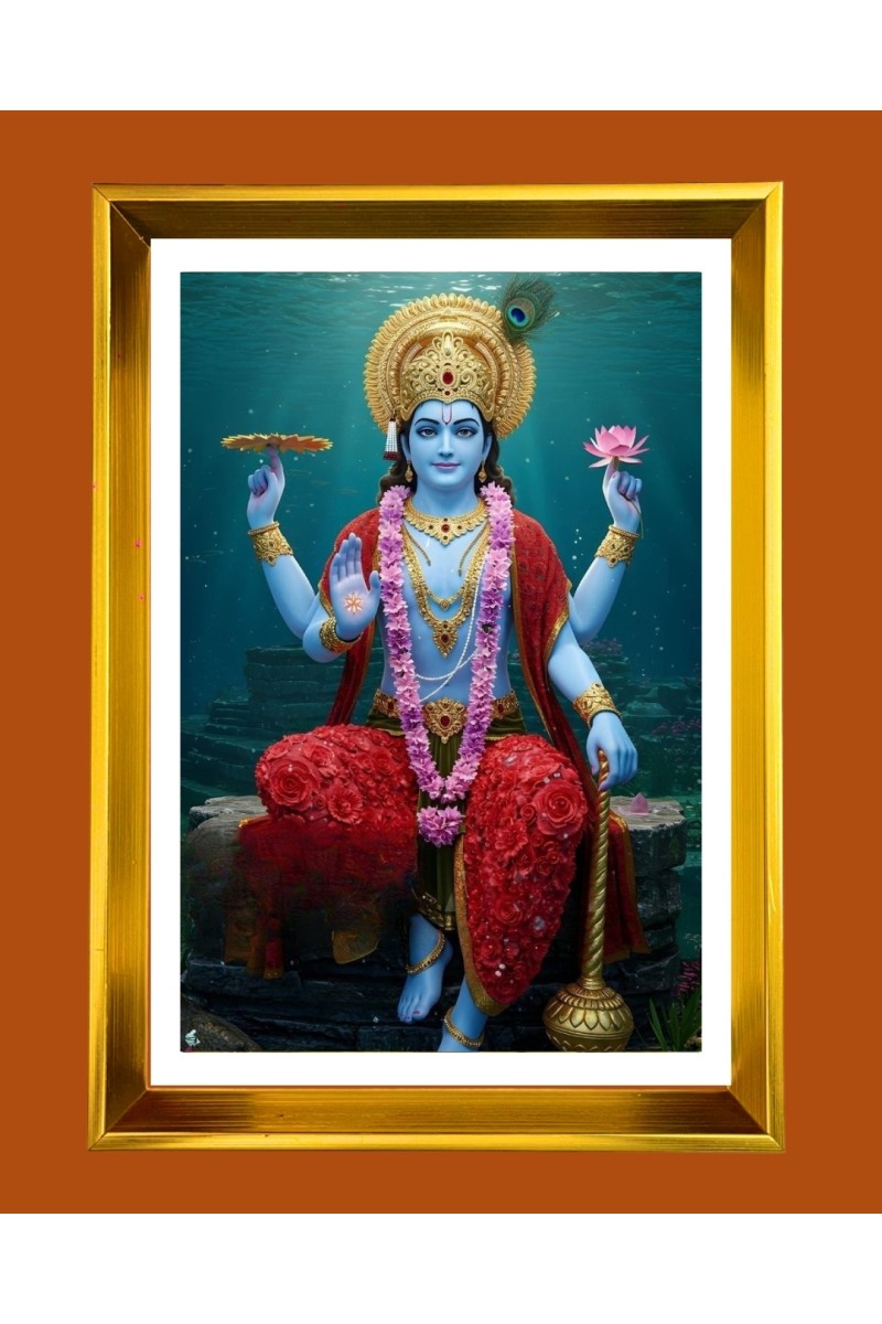 Lord Vishnu Golden Photo Frame - 10x14 Inches | Elegant Wooden Frame for Home, Office & Temple Decoration | Spiritual Wall & Table Decor and Gift Item
