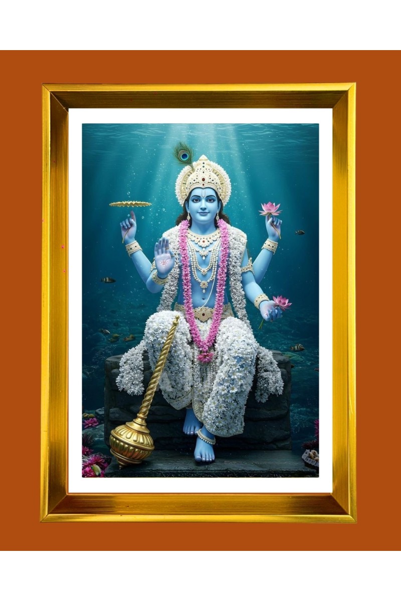 Lord vishnu Golden Photo Frame - 10x14 Inches | Elegant Wooden Frame for Home, Office & Temple Decoration | Spiritual Wall & Table Decor and Gift Item