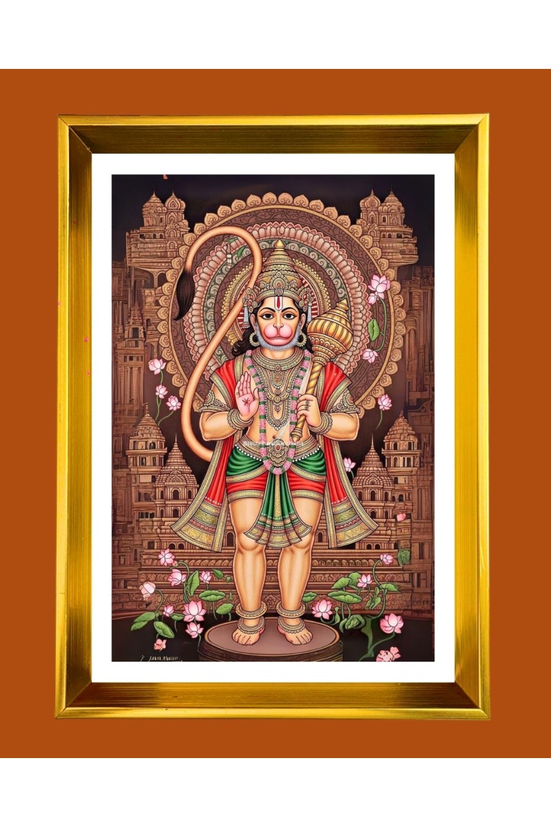 Lord hanuman Golden Photo Frame - 10x14 Inches | Elegant Wooden Frame for Home, Office & Temple Decoration | Spiritual Wall & Table Decor and Gift Item