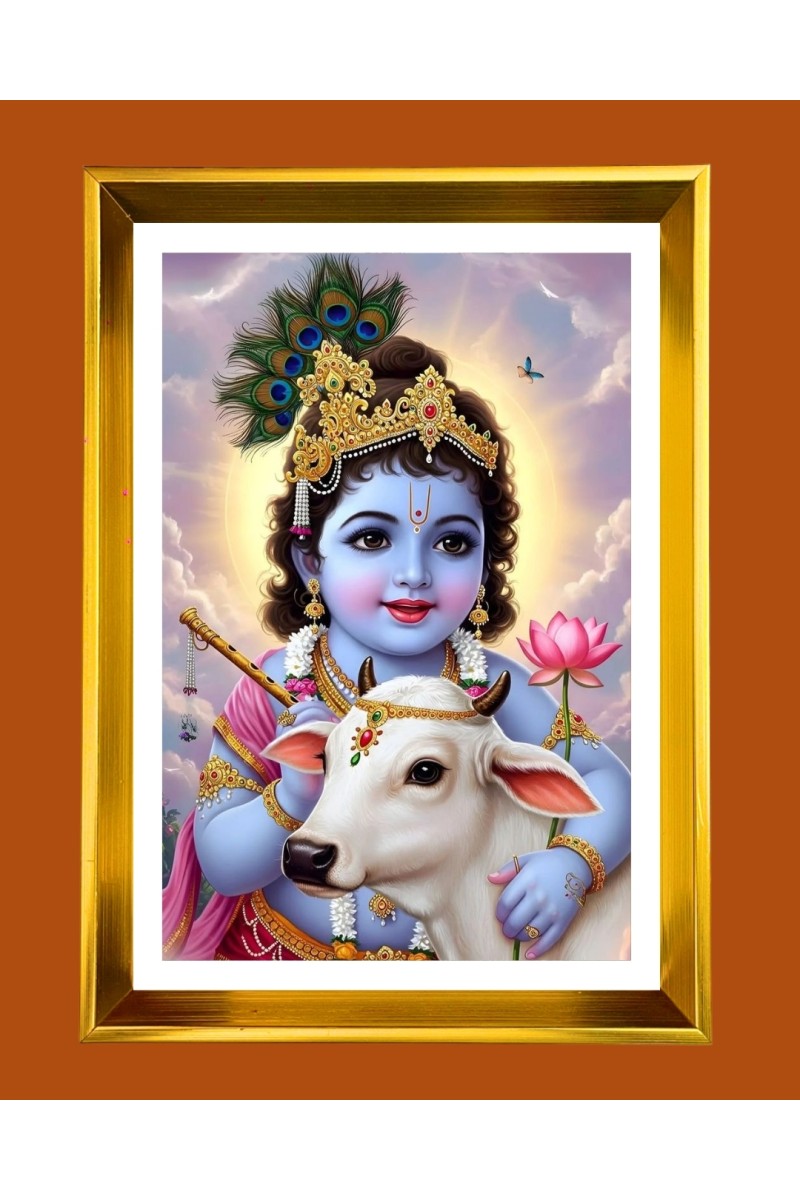 Little krishna Golden Photo Frame - 10x14 Inches | Elegant Wooden Frame for Home, Office & Temple Decoration | Spiritual Wall & Table Decor and Gift Item