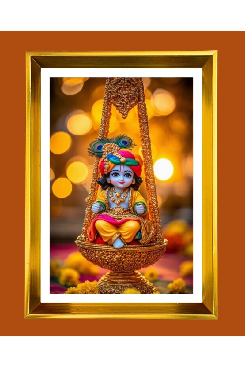 Little krishna Golden Photo Frame - 10x14 Inches | Elegant Wooden Frame for Home, Office & Temple Decoration | Spiritual Wall & Table Decor and Gift Item