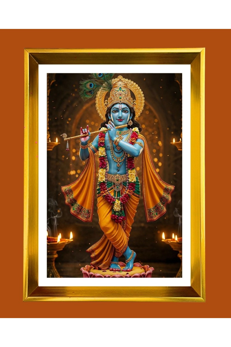Divine Krishna Golden Photo Frame - 10x14 Inches | Elegant Wooden Frame for Home, Office & Temple Decoration | Spiritual Wall & Table Decor and Gift Item