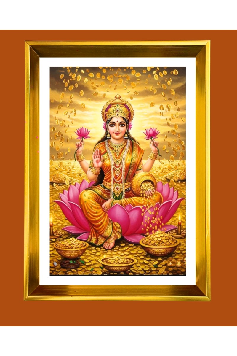 Maa Lakhsmi Golden Photo Frame - 10x14 Inches | Elegant Wooden Frame for Home, Office & Temple Decoration | Spiritual Wall & Table Decor and Gift Item