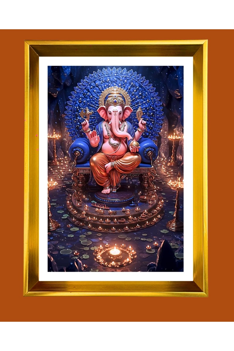 Lord Ganesh Golden Photo Frame - 10x14 Inches | Elegant Wooden Frame for Home, Office & Temple Decoration | Spiritual Wall & Table Decor and Gift Item
