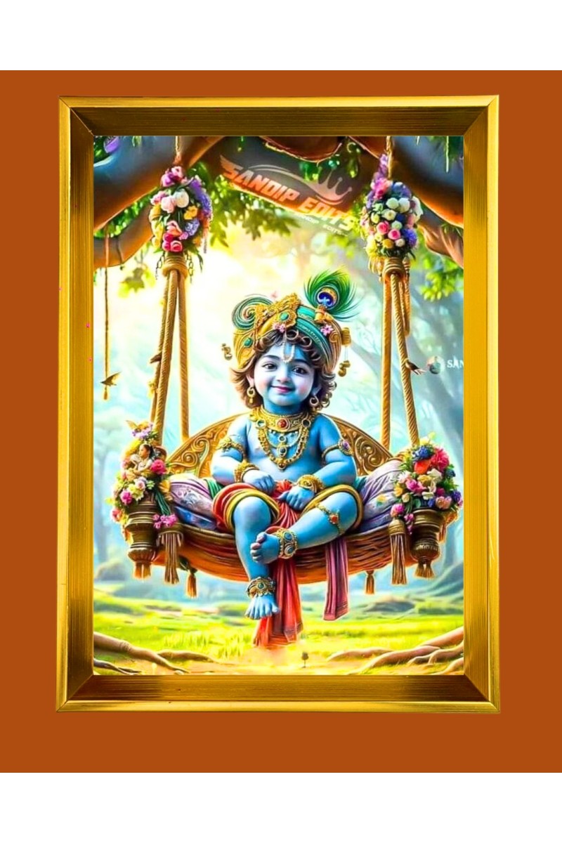 Laddu Gopal  Golden Photo Frame - 10x14 Inches | Elegant Wooden Frame for Home, Office & Temple Decoration | Spiritual Wall & Table Decor and Gift Item