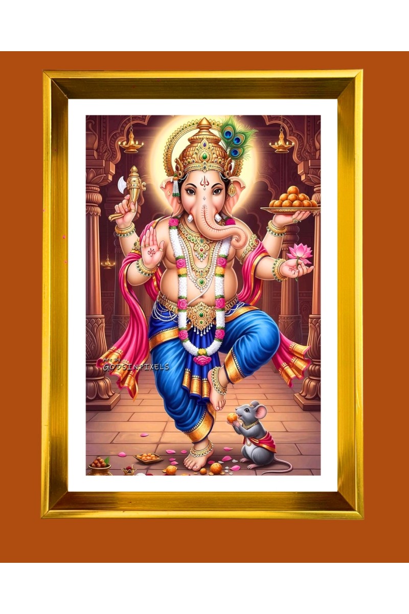 Lord Ganesh Golden Photo Frame - 10x14 Inches | Elegant Wooden Frame for Home, Office & Temple Decoration | Spiritual Wall & Table Decor and Gift Item