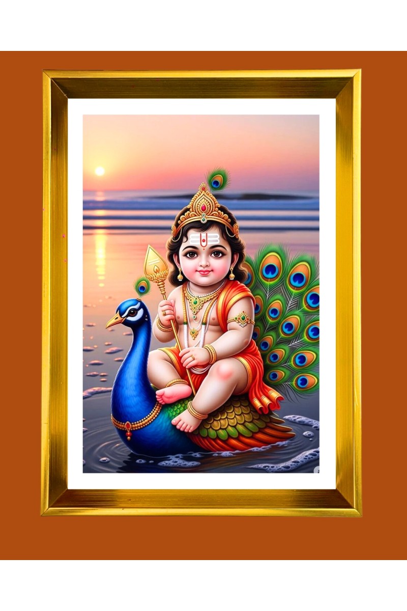 Lord Kartikeya.  Golden Photo Frame - 10x14 Inches | Elegant Wooden Frame for Home, Office & Temple Decoration | Spiritual Wall & Table Decor and Gift Item
