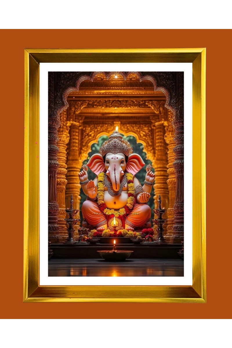 Lord Ganesh Golden Photo Frame - 10x14 Inches | Elegant Wooden Frame for Home, Office & Temple Decoration | Spiritual Wall & Table Decor and Gift Item