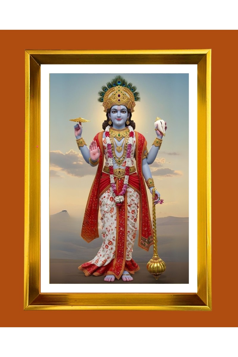 Lord Vishnu Golden Photo Frame - 10x14 Inches | Elegant Wooden Frame for Home, Office & Temple Decoration | Spiritual Wall & Table Decor and Gift Item