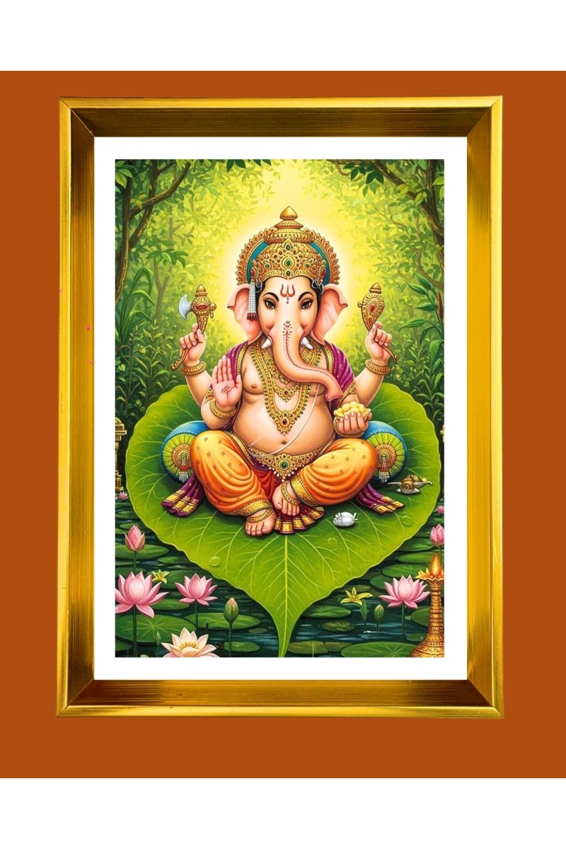 Lord Ganesh Golden Photo Frame - 10x14 Inches | Elegant Wooden Frame for Home, Office & Temple Decoration | Spiritual Wall & Table Decor and Gift Item