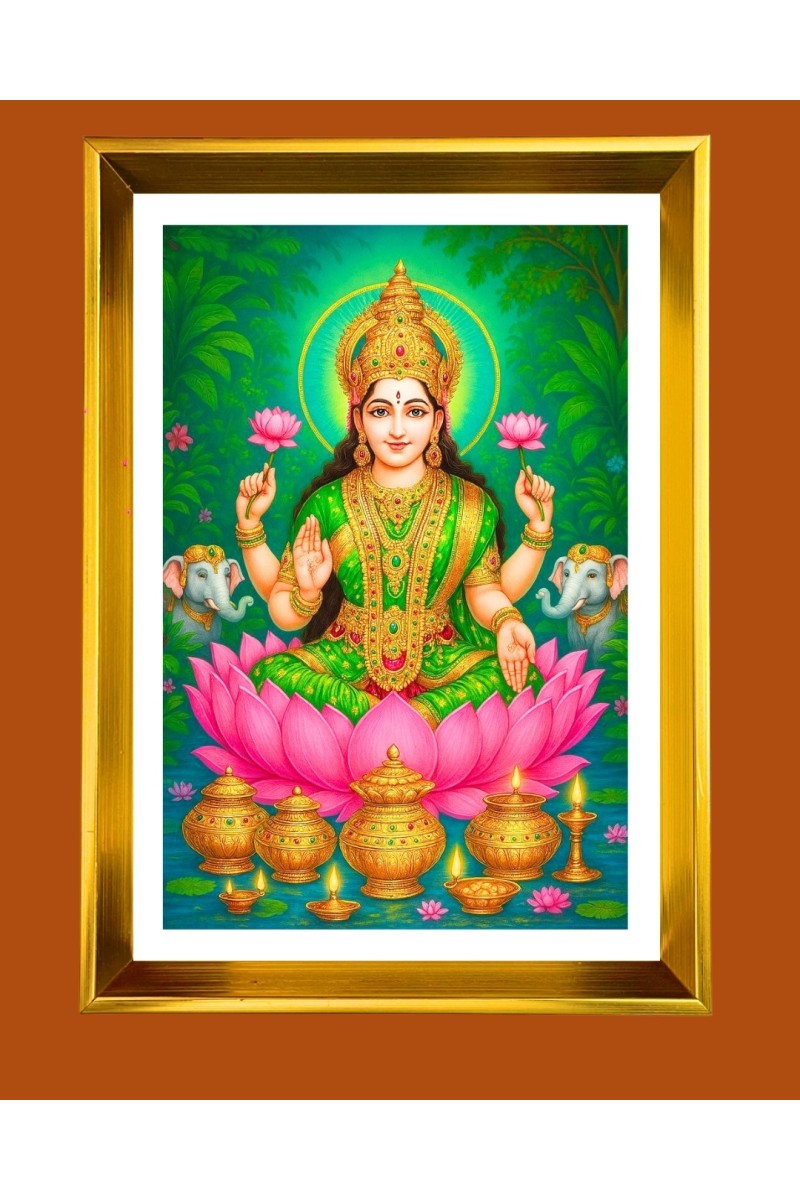 Maa Lakhsmi Golden Photo Frame - 10x14 Inches | Elegant Wooden Frame for Home, Office & Temple Decoration | Spiritual Wall & Table Decor and Gift Item