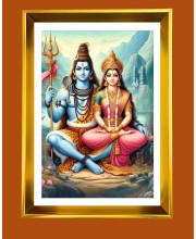 Lord Shiv & Parvati Golden Photo Frame - 10x14 Inches | Elegant Wooden Frame for Home, Office & Temple Decoration | Spiritual Wall & Table Decor and Gift Item