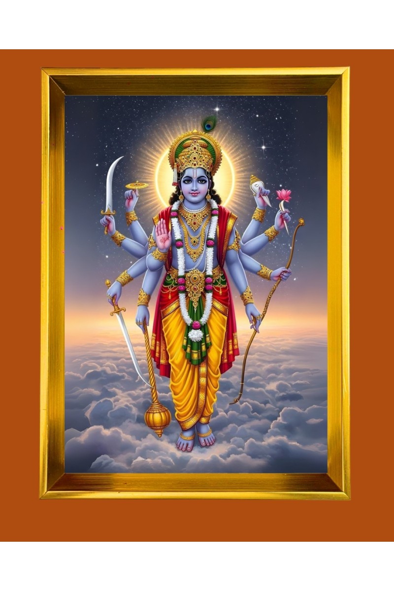  Lord Vishnu Golden Photo Frame - 10x14 Inches | Elegant Wooden Frame for Home, Office & Temple Decoration | Spiritual Wall & Table Decor and Gift Item