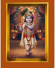 Little Divine Krishna Golden Photo Frame - 10x14 Inches | Elegant Wooden Frame for Home, Office & Temple Decoration | Spiritual Wall & Table Decor and Gift Item