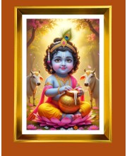 Bal Gopal Golden Photo Frame - 10x14 Inches | Elegant Wooden Frame for Home, Office & Temple Decoration | Spiritual Wall & Table Decor and Gift Item