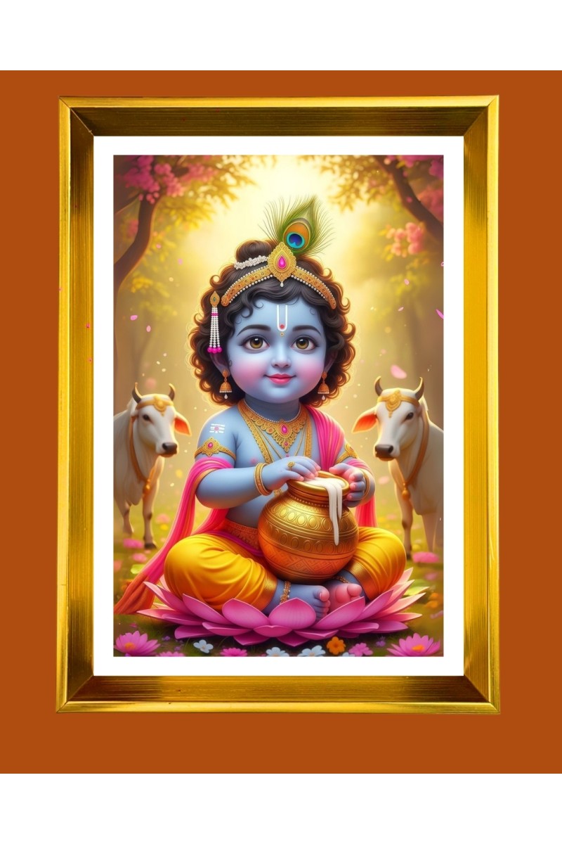 Bal Gopal Golden Photo Frame - 10x14 Inches | Elegant Wooden Frame for Home, Office & Temple Decoration | Spiritual Wall & Table Decor and Gift Item