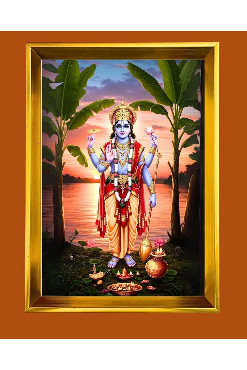 Lord Vishnu Golden Photo Frame - 10x14 Inches | Elegant Wooden Frame for Home, Office & Temple Decoration | Spiritual Wall & Table Decor and Gift Item