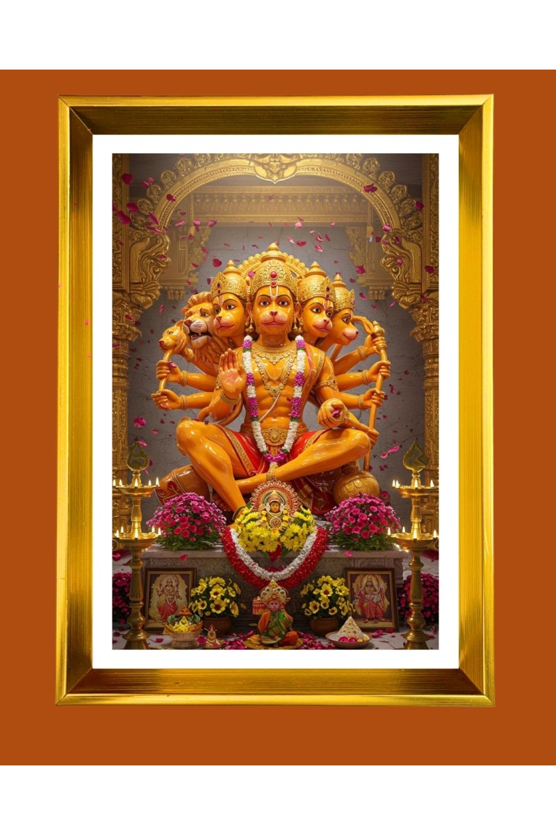  Panchamukhi Hanuman Golden Photo Frame - 10x14 Inches | Elegant Wooden Frame for Home, Office & Temple Decoration | Spiritual Wall & Table Decor and Gift Item