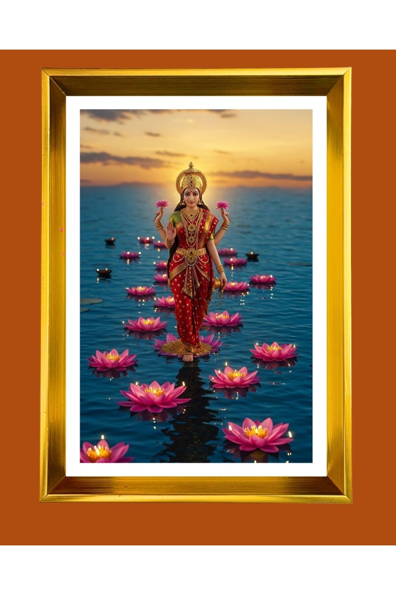 Maa Lakhsmi Golden Photo Frame - 10x14 Inches | Elegant Wooden Frame for Home, Office & Temple Decoration | Spiritual Wall & Table Decor and Gift Item
