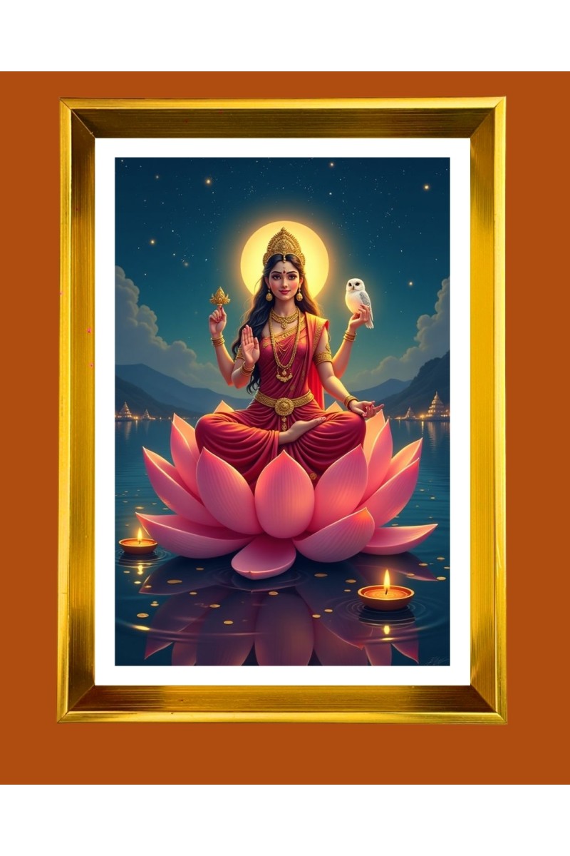 Maa Lakhsmi Golden Photo Frame - 10x14 Inches | Elegant Wooden Frame for Home, Office & Temple Decoration | Spiritual Wall & Table Decor and Gift Item