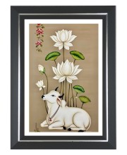 Cow and Lotus Flowers Photo Frame | 10x14 Inch Black Designer Wall & Table Frame | Perfect for Gifting & Home Decor