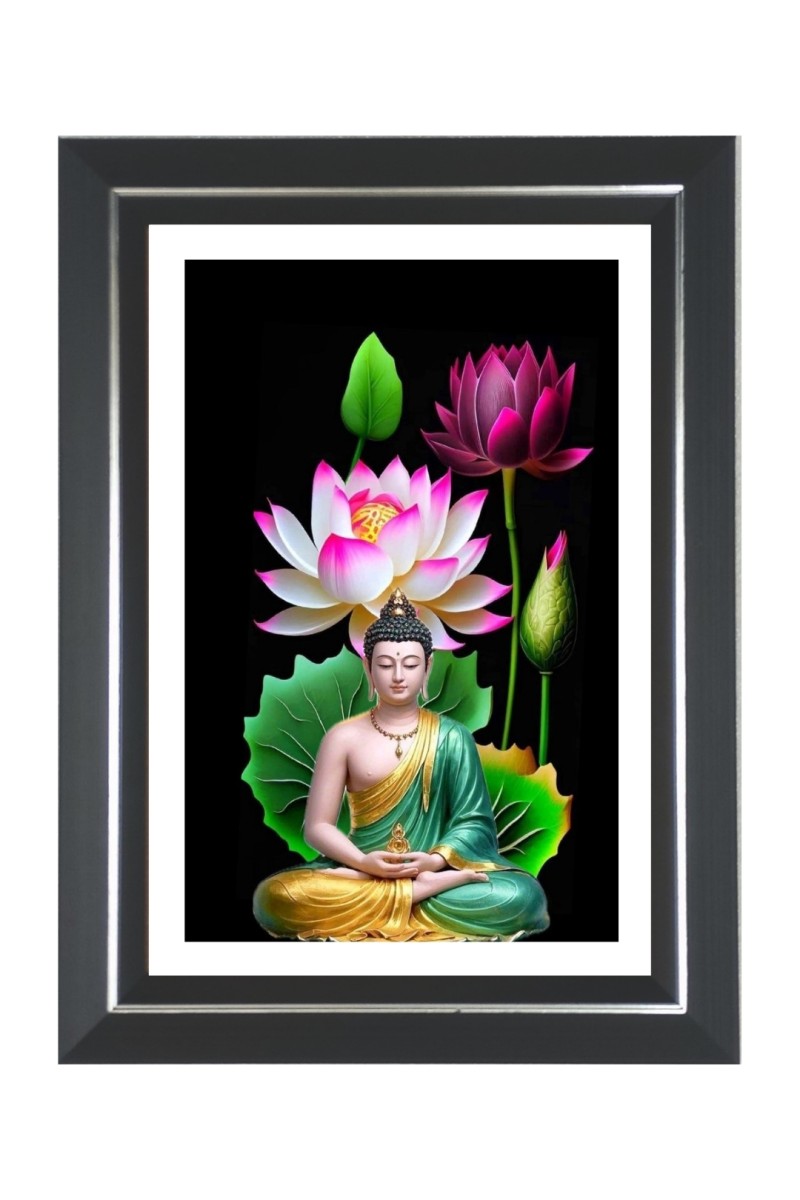 Buddha statue blooming lotus flowers Photo Frame | 10x14 Inch Black Designer Wall & Table Frame | Perfect for Gifting & Home Decor