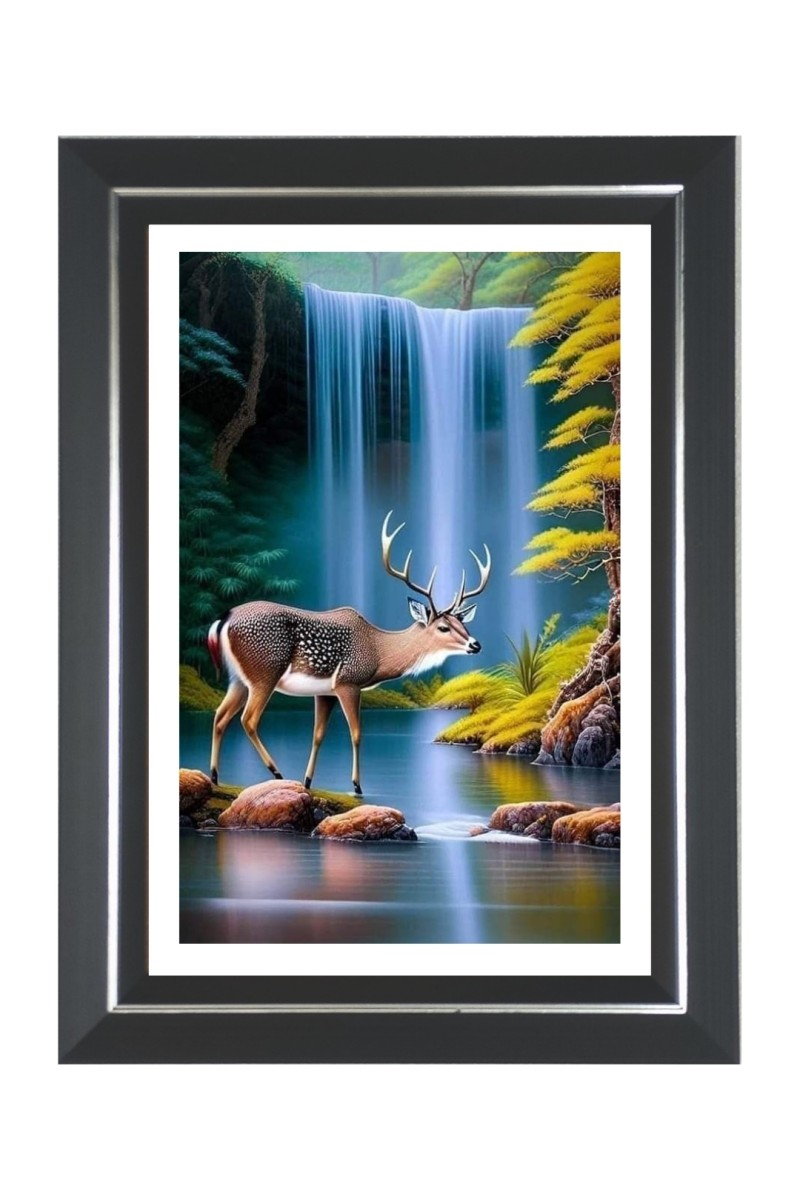 Deer and Waterfall Photo Frame | 10x14 Inch Black Designer Wall & Table Frame | Perfect for Gifting & Home Decor