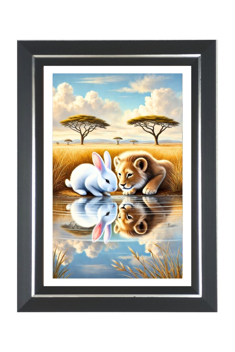  Lion cub and a rabbit Photo Frame | 10x14 Inch Black Designer Wall & Table Frame | Perfect for Gifting & Home Decor
