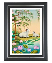 Pichwai Cow and Lotus Photo Frame | 10x14 Inch Black Designer Wall & Table Frame | Perfect for Gifting & Home Decor