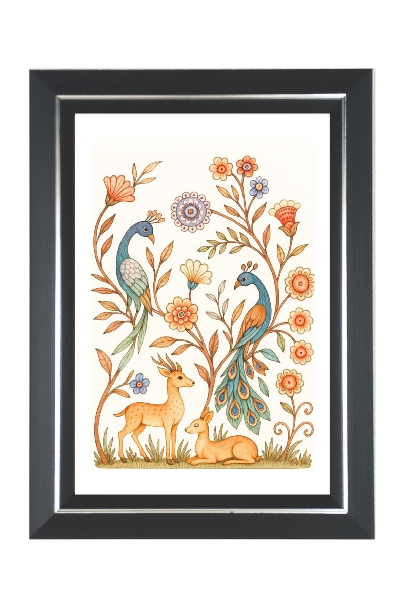  Peacocks, deer, and flowers Photo Frame | 10x14 Inch Black Designer Wall & Table Frame | Perfect for Gifting & Home Decor