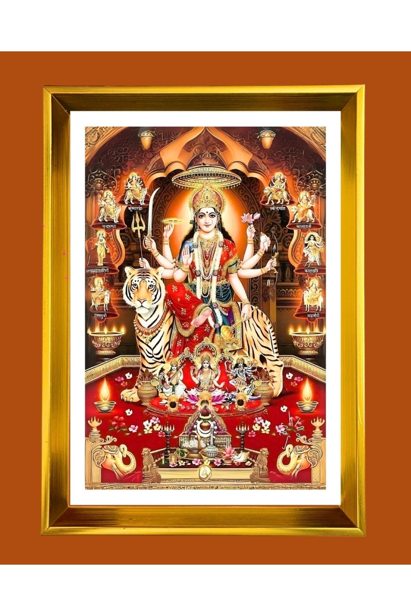 Durga Mata Rani Golden Photo Frame - 10x14 Inches | Elegant Wooden Frame for Home, Office & Temple Decoration | Spiritual Wall & Table Decor and Gift Item
