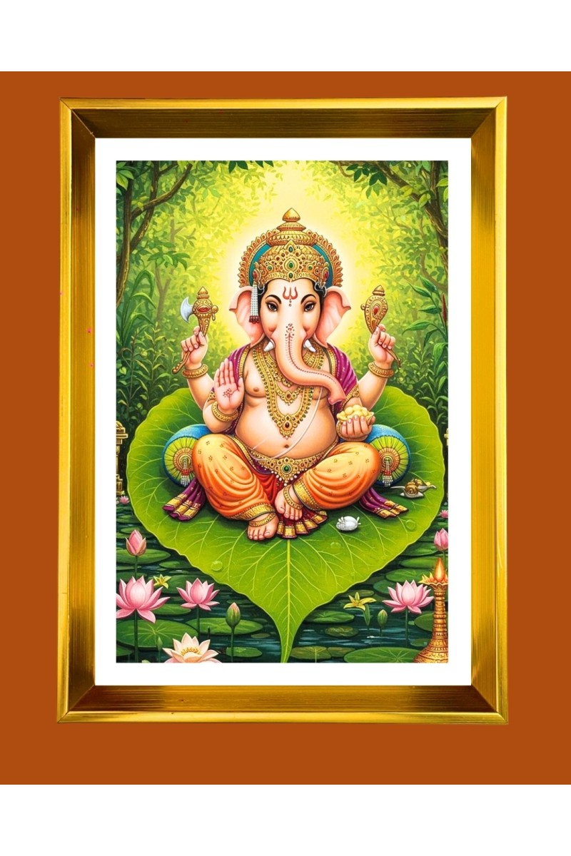 Lord Ganesh Golden Photo Frame - 10x14 Inches | Elegant Wooden Frame for Home, Office & Temple Decoration | Spiritual Wall & Table Decor and Gift Item