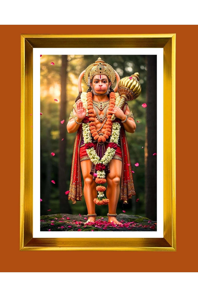 Lord Hanuman Golden Photo Frame - 10x14 Inches | Elegant Wooden Frame for Home, Office & Temple Decoration | Spiritual Wall & Table Decor and Gift Item
