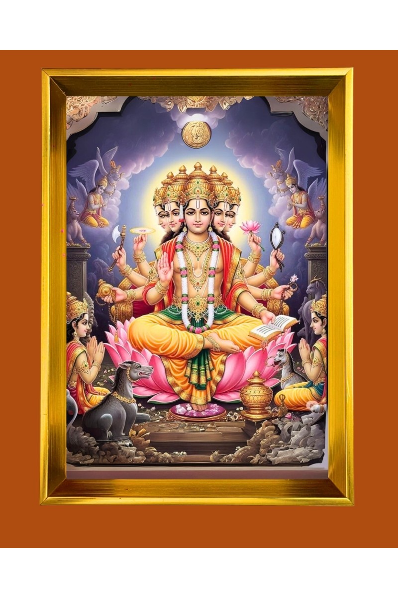Lord Brahma Golden Photo Frame - 10x14 Inches | Elegant Wooden Frame for Home, Office & Temple Decoration | Spiritual Wall & Table Decor and Gift Item