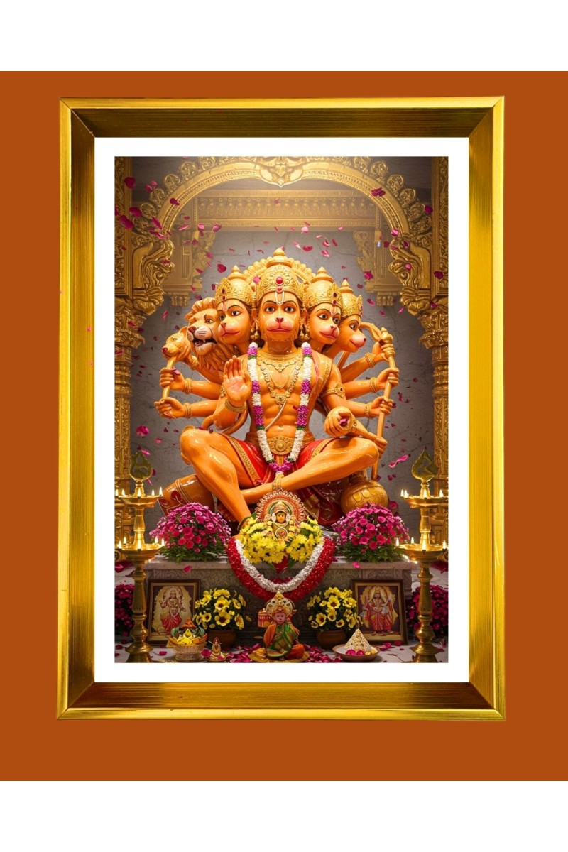 Lord Hanuman Golden Photo Frame - 10x14 Inches | Elegant Wooden Frame for Home, Office & Temple Decoration | Spiritual Wall & Table Decor and Gift Item