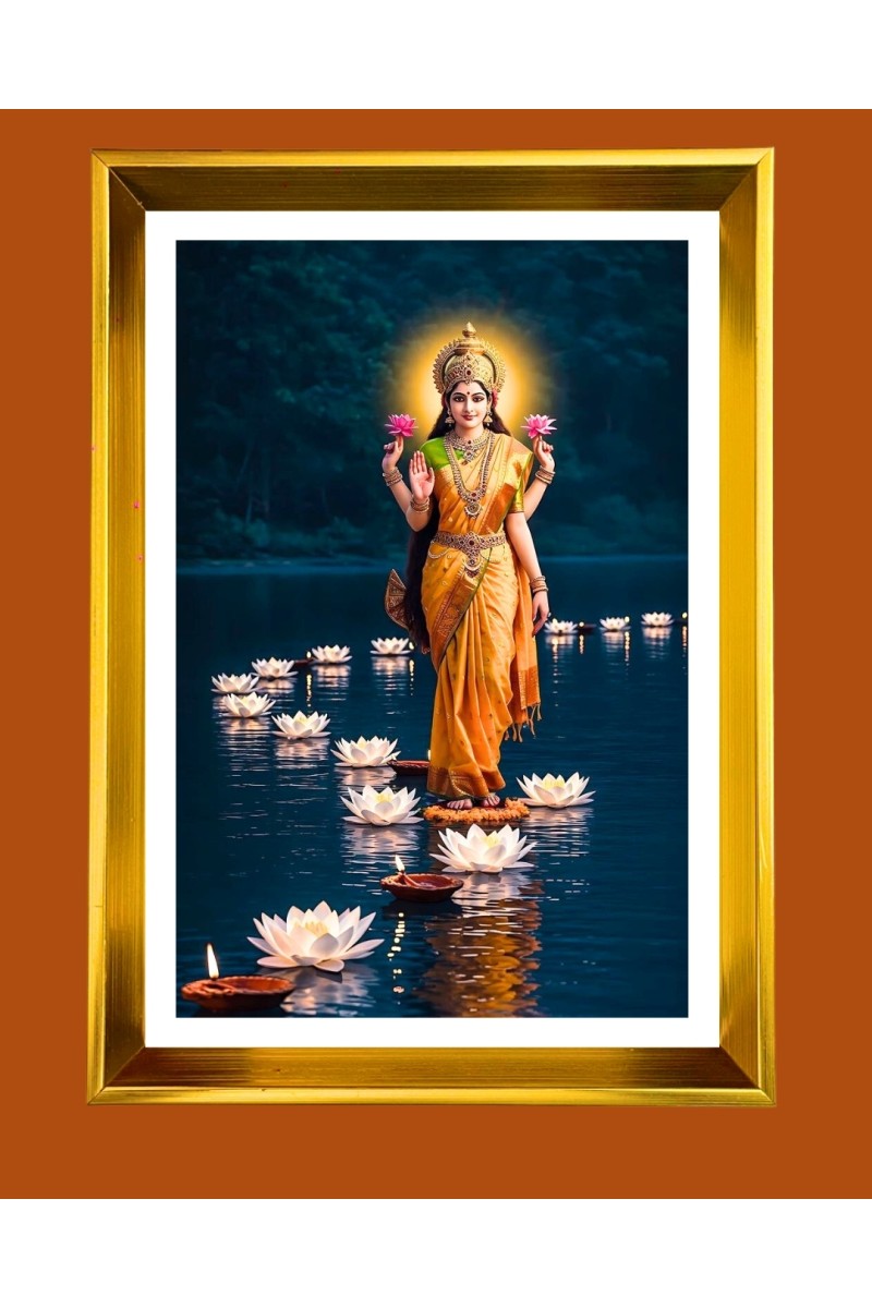 Mata Lakhsmi Golden Photo Frame - 10x14 Inches | Elegant Wooden Frame for Home, Office & Temple Decoration | Spiritual Wall & Table Decor and Gift Item