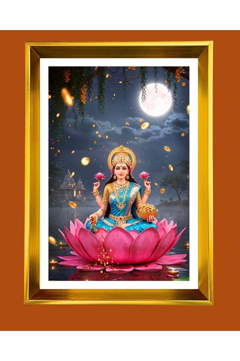 Mata Lakhsmi Golden Photo Frame - 10x14 Inches | Elegant Wooden Frame for Home, Office & Temple Decoration | Spiritual Wall & Table Decor and Gift Item
