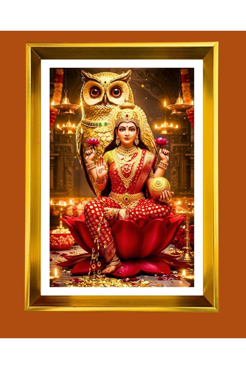 Mata Lakhsmi Golden Photo Frame - 10x14 Inches | Elegant Wooden Frame for Home, Office & Temple Decoration | Spiritual Wall & Table Decor and Gift Item