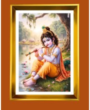 Little Krishna Golden Photo Frame - 10x14 Inches | Elegant Wooden Frame for Home, Office & Temple Decoration | Spiritual Wall & Table Decor and Gift Item