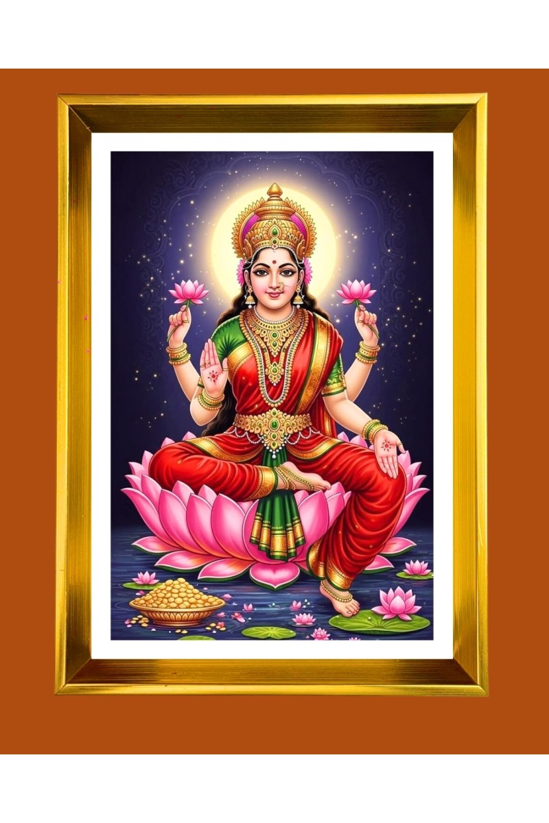 Maa Lakhsmi Golden Photo Frame - 10x14 Inches | Elegant Wooden Frame for Home, Office & Temple Decoration | Spiritual Wall & Table Decor and Gift Item