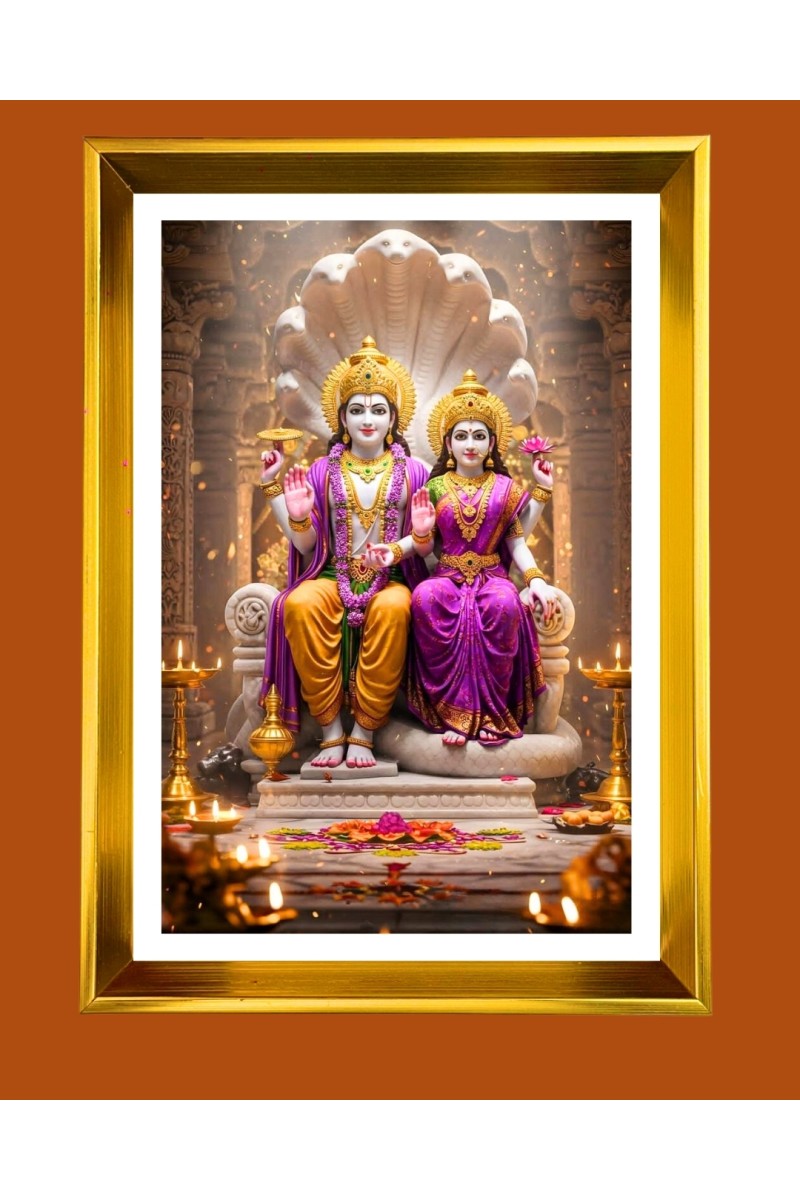 Lakhsmi Narayana Golden Photo Frame - 10x14 Inches | Elegant Wooden Frame for Home, Office & Temple Decoration | Spiritual Wall & Table Decor and Gift Item