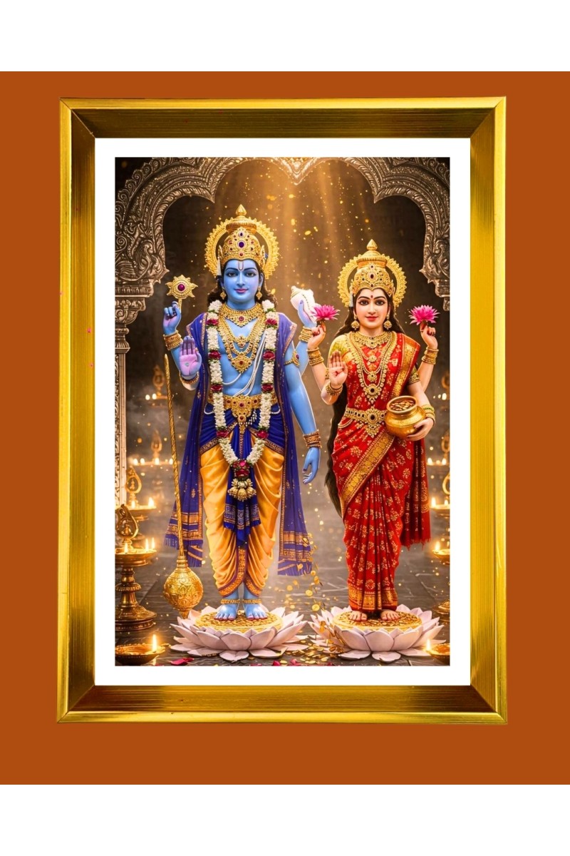Lakhsmi Narayana Golden Photo Frame - 10x14 Inches | Elegant Wooden Frame for Home, Office & Temple Decoration | Spiritual Wall & Table Decor and Gift Item