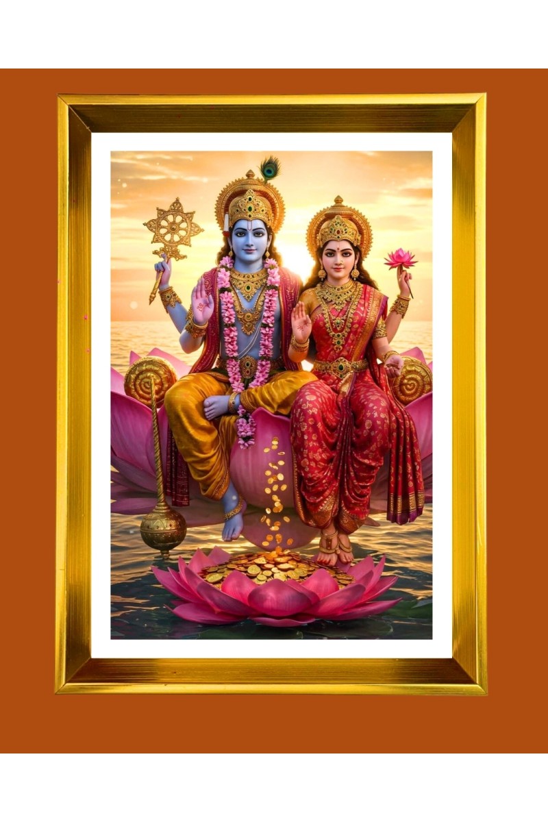 Lakhsmi Narayana Golden Photo Frame - 10x14 Inches | Elegant Wooden Frame for Home, Office & Temple Decoration | Spiritual Wall & Table Decor and Gift Item