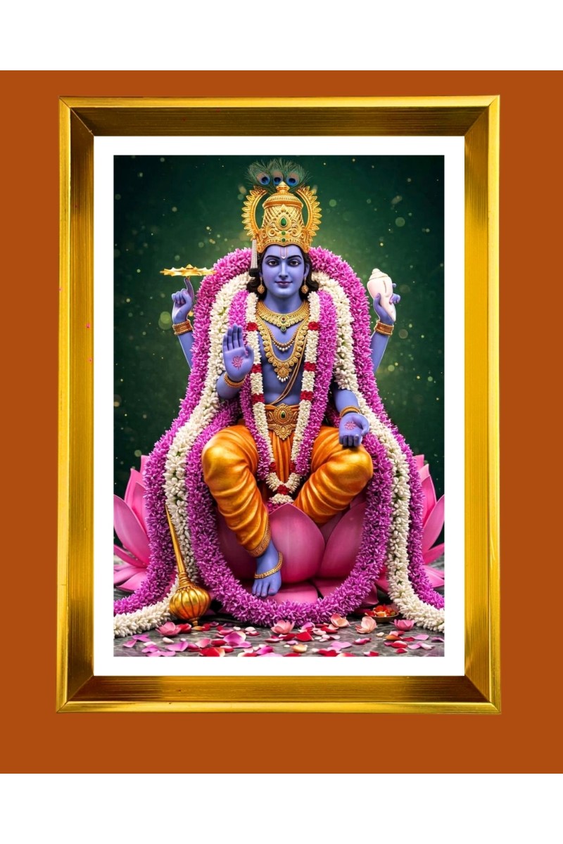 Lord Vishnu Golden Photo Frame - 10x14 Inches | Elegant Wooden Frame for Home, Office & Temple Decoration | Spiritual Wall & Table Decor and Gift Item